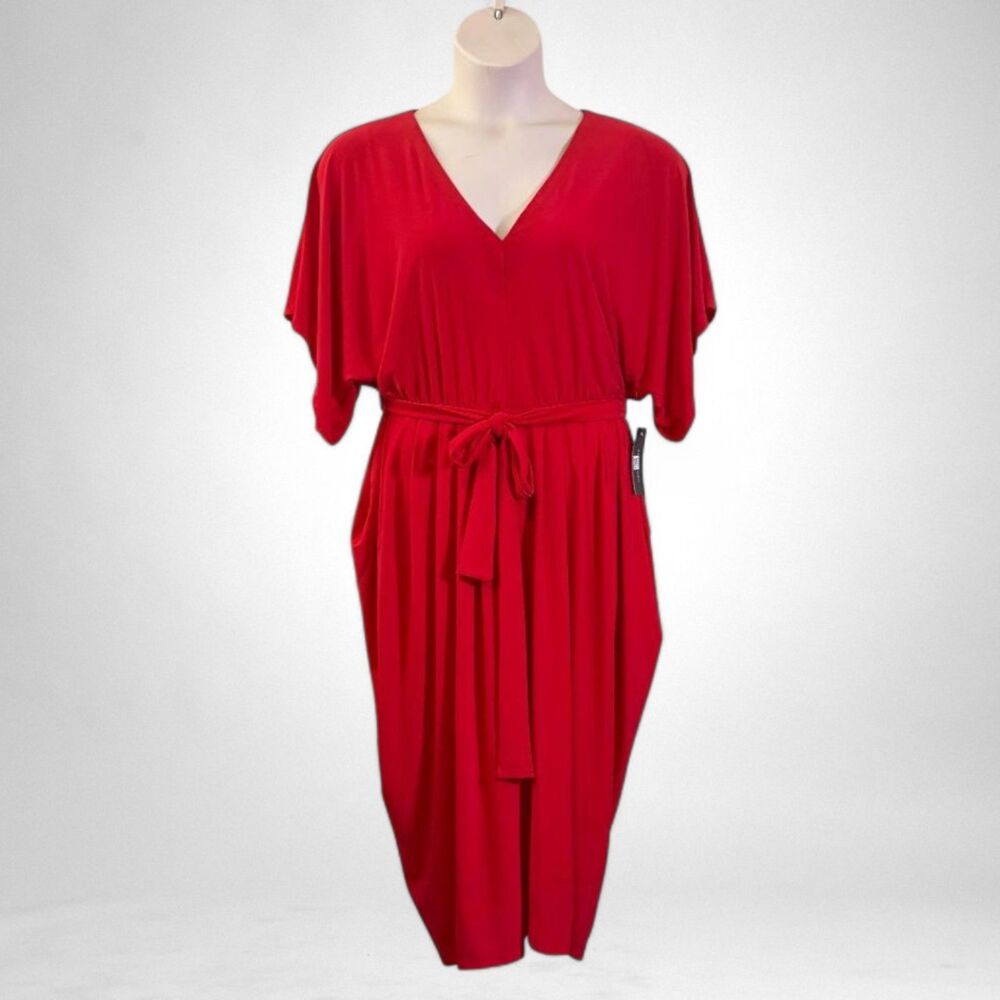 TOMMY HILFIGER V-Neck Tie Waist Midi Dress Red, NEW! Size 12